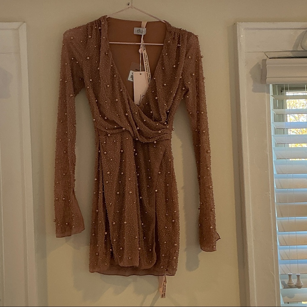 Oh Polly Brown Long-Sleeve Embellished Dress